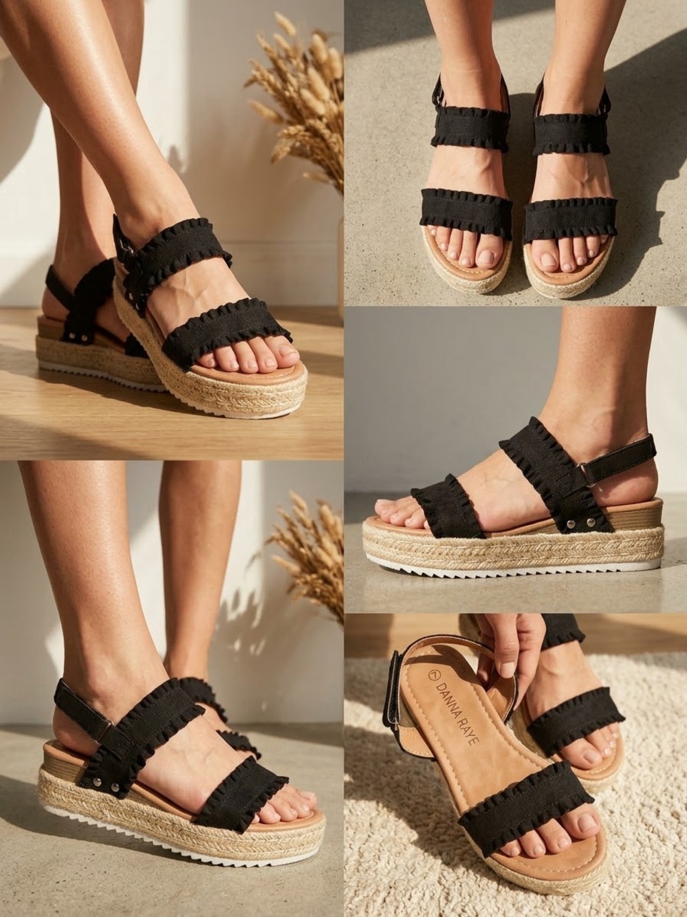 Danna Raye Black Ruffle Strap Espadrille Platform Flatform Sandals Size 7